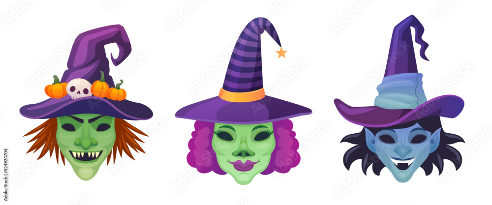 Witches mask. Halloween scary witch faces, carnival head disguise evil masks for scary helloween masquerade costume, scary makeup woman face in hat, ingenious vector illustration