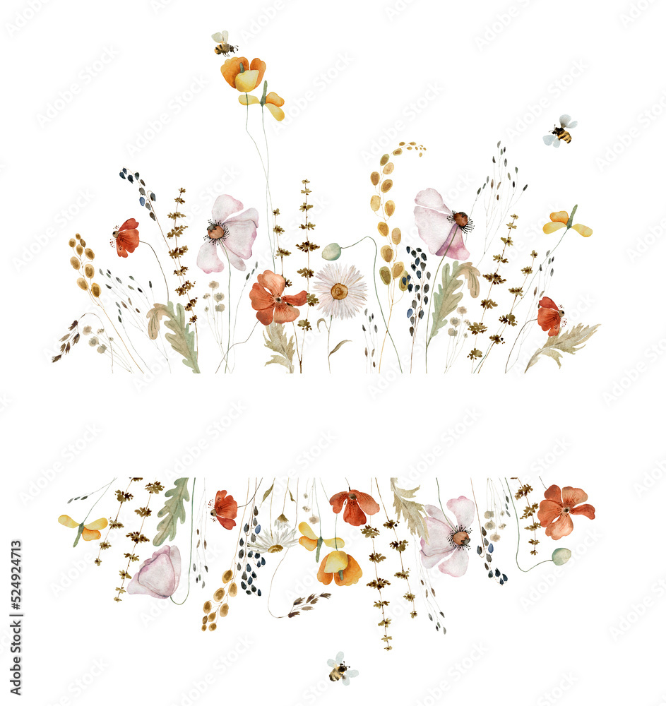 Boho wildflowers, herbs border painted in watercolor. Dried pampas grass floral  bouquet, frame. Botanical boho elements isolated on white. Wedding invitation, greeting, card, print, scrapbooking