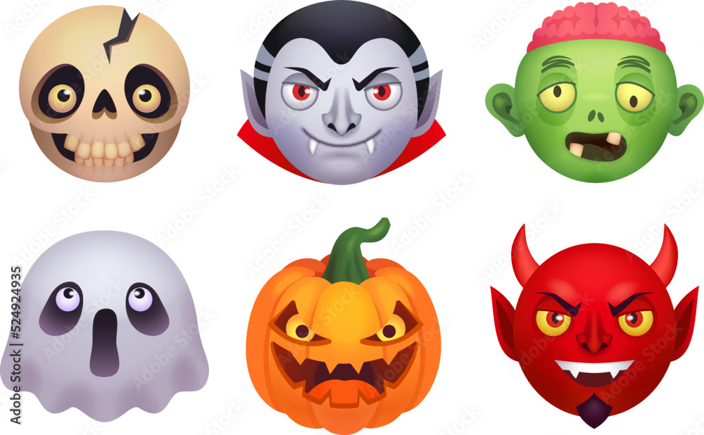 Halloween monsters emoji. Scary monster costume 3d face emojis, comic zombie head avatar horror character emoticon collection scary ghost expression, ingenious vector illustration
