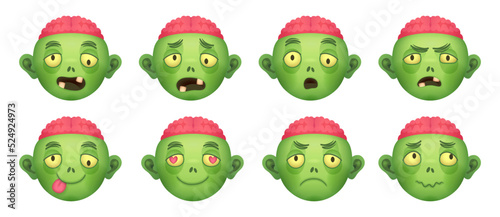 Zombie emoji. Cartoon zombies avatars, comic head with brain emoticon dead face logo, spooky scary halloween monster costume party caricature icons, ingenious vector illustration
