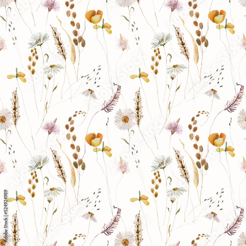 Watercolor boho wildflowers floral seamless pattern. Hand drawn elegant, delicate botanical background. Repeatable texture, wrapping paper, stationery, wallpaper,  fabric, paper, textile