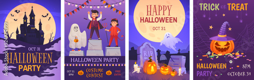 Costume contest posters. Halloween party poster design art, halloweek flyer or invitation card creepy monster pumpkin on horror graveyard background, ingenious vector illustration