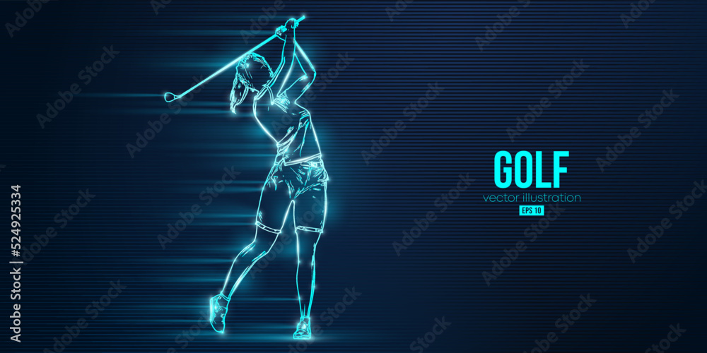 Abstract silhouette of a golf player on blue background. Golfer woman hits the ball. Vector illustration