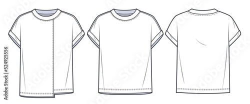 Overfit Tee Shirt fashion technical drawing template. Unisex T-Shirt fashion flat Illustration, front, back view, white colour, CAD mockup set.