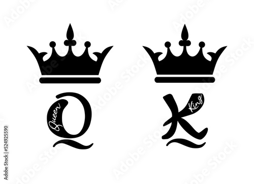 King Queen crown black vector calligraphy sign.K and Q Alphabet Letter.Tiara diadem silhouette icon drawing.Tattoo couple design.Male female t shirt print.Cricut plotter laser cutting.Logo.Sticker.DIY