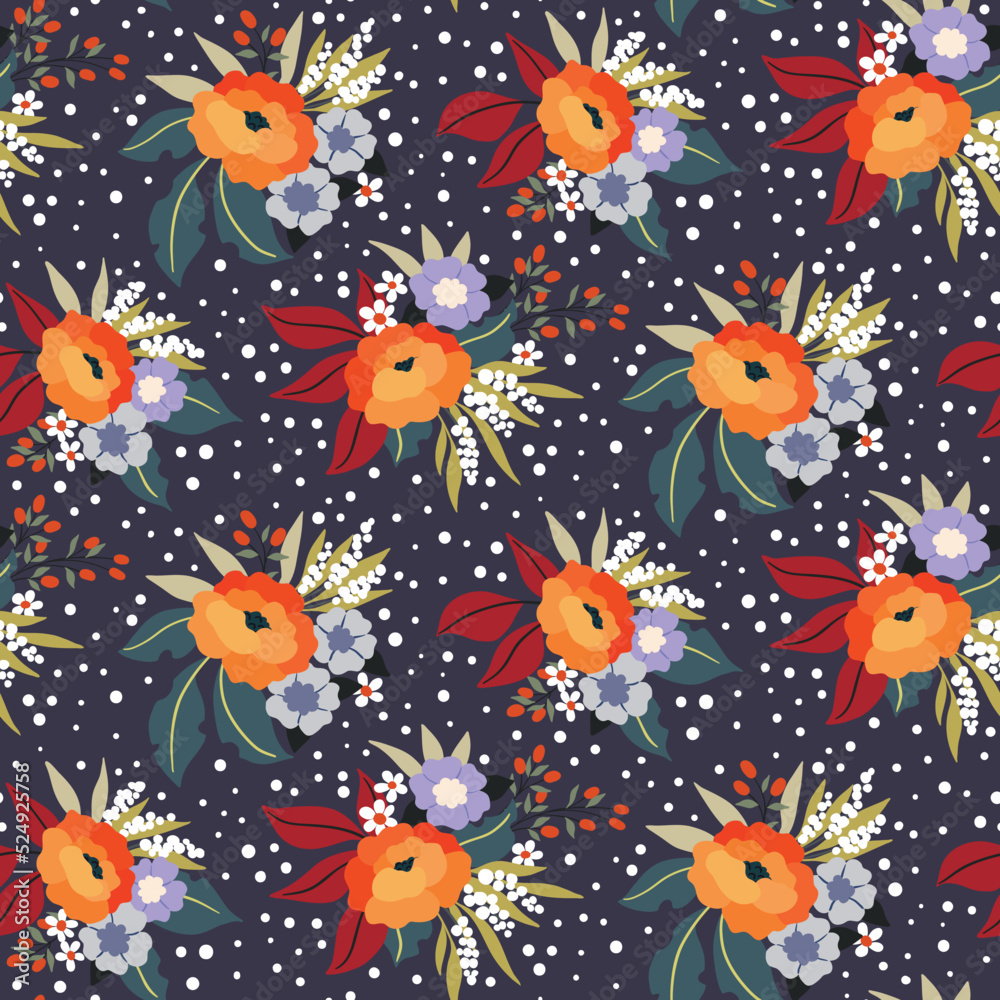 Seamless floral pattern with winter botany on a dark background. Decorative art ditsy print with bouquets of hand drawn plants, wild flowers, herbs, leaves. Modern botanical surface design. Vector. Seamless floral pattern with winter botany on a dark background. Decorative art ditsy print with bouquets of hand drawn plants, wild flowers, herbs, leaves. Modern botanical surface design. Vector.