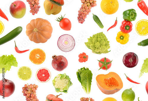 Fototapeta Naklejka Na Ścianę i Meble -  Seamless pattern of vegetables, fruits and berries isolated on white