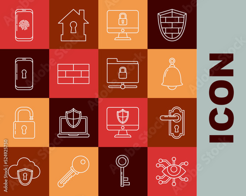 Set line Eye scan, Door handle, Ringing bell, Lock on computer monitor screen, Bricks, Smartphone with lock, fingerprint scanner and FTP folder icon. Vector