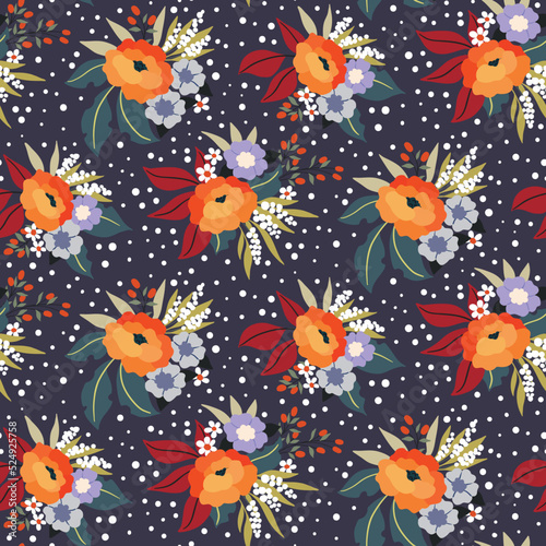 Seamless floral pattern with winter botany on a dark background. Decorative art ditsy print with bouquets of hand drawn plants, wild flowers, herbs, leaves. Modern botanical surface design. Vector. © Yulya i Kot