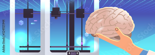 researcher hand holding brain model printed on 3d bio printer medical printing of human transplantation organ