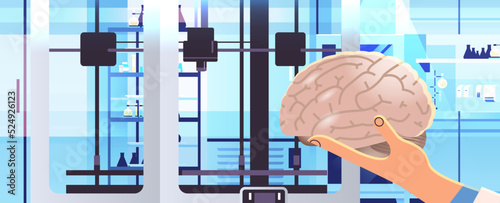 researcher hand holding brain model printed on 3d bio printer medical printing of human transplantation organ