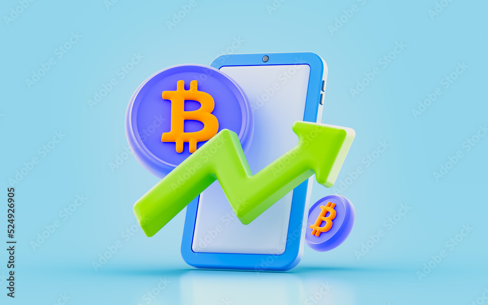 bitcoin sing with smartphone up arrow 3d render concept for mobile crypto mining system bitcoin sing with smartphone up arrow 3d render concept for mobile crypto mining system