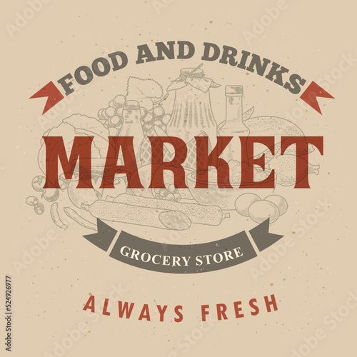 Food market label. The banner template of a grocery store of organic farm products and foodstuffs