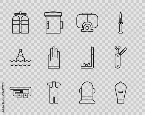 Set line Diving belt, Lift bag, mask, Wetsuit for scuba diving, Aqualung, Gloves, Buoy and Swiss army knife icon. Vector