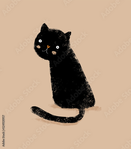 Cute Infantile Style Nursery Vector Art with Shy Black Cat on a Light Brown Background. Sweet Black Kitty Sitting Backwards. Lovely Hand Drawn Kitten Print ideal for Wall Art, Poster, Cat Lovers.