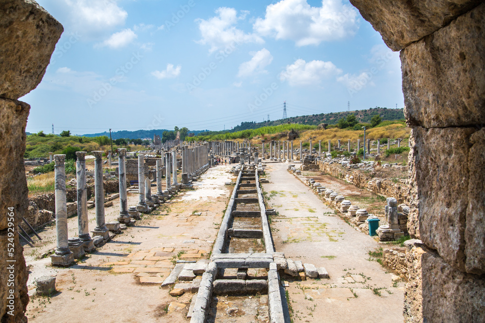 Perge, Colonnaded street and a water channel runs in the middle of the street from the Nymphaion fountain. Dated by period of the Emperor Hadrian 334 BC. Turkey