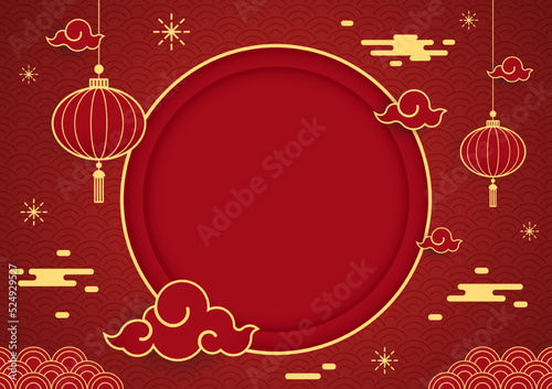 Happy Chinese new year 2023. Chinese new year banner with circle for show product. Greeting card. China frame with lantern on red background.