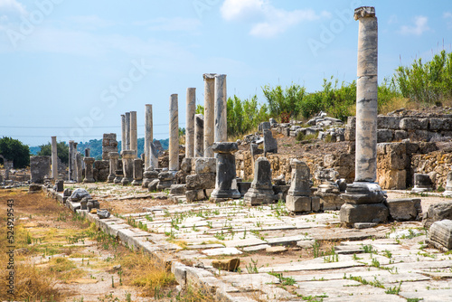 Roman ruins. Colonnaded street of city Perge. Ancient Greek colony from 7th century BC, conquered by Persians and Alexander the Great in 334 BC. Turkey