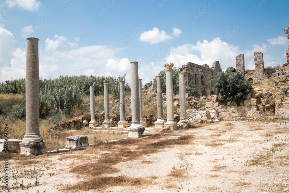 Fototapeta premium Roman ruins. Colonnaded street of city Perge. Ancient Greek colony from 7th century BC, conquered by Persians and Alexander the Great in 334 BC. Turkey