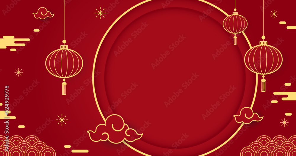 Happy Chinese new year 2023. Chinese new year banner with circle for show product. Greeting card. China frame with lantern on red background. Happy Chinese new year 2023. Chinese new year banner with circle for show product. Greeting card. China frame with lantern on red background.