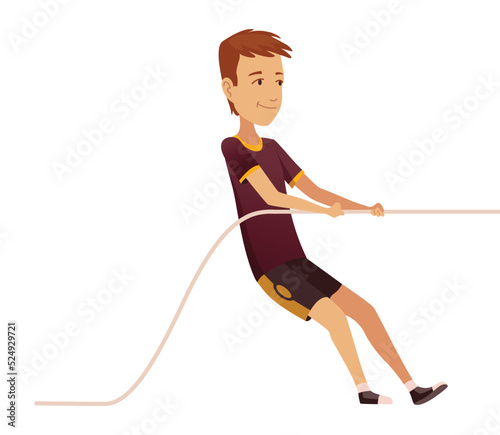 Kid pulling rope. Boy game tug of war, children competition, happy boy play outdoors, equal and counteracting forces. Concept of sports activity for kids