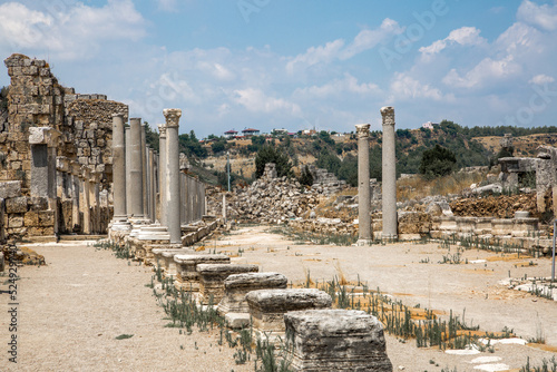 Roman ruins. Colonnaded street of city Perge. Ancient Greek colony from 7th century BC, conquered by Persians and Alexander the Great in 334 BC. Turkey