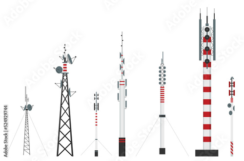 Communication towers. Wireless antennas cellular wifi radio station broadcasting internet channel receiver. Illustration of mobile satellite connection signal transmitter