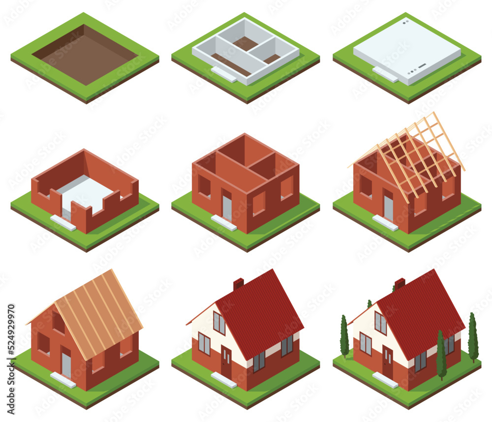 Vetor De House Construction Isometric Set Stage by stage Visualization vetor-de-house-construction-isometric-set-stage-by-stage-visualization