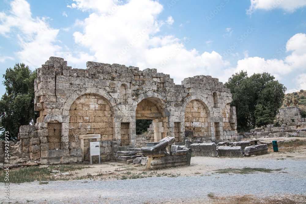 The Later City Gate from the 4th century of Perge. Greco-Roman ancient city Perga. Greek colony from 7th century BC, conquered by Persians and Alexander the Great in 334 BC.
