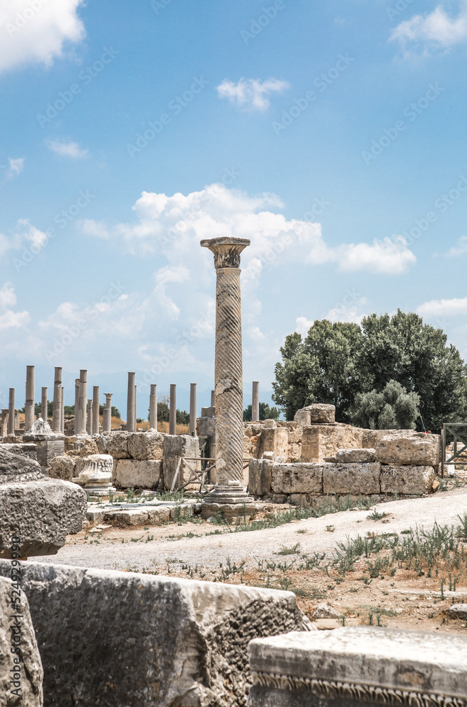 Perge. Antic marble column. Greco-Roman ancient city Perga. Greek colony from 7th century BC, conquered by Persians and Alexander the Great in 334 BC.