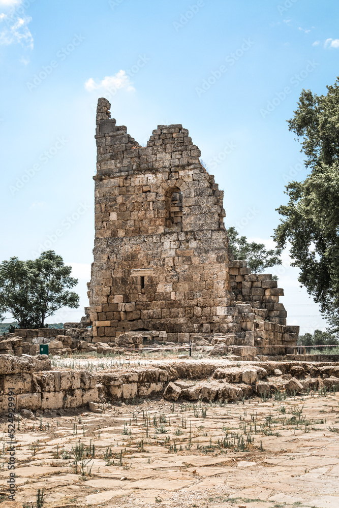 The Later City Gate from the 4th century of Perge. Greco-Roman ancient city Perga. Greek colony from 7th century BC, conquered by Persians and Alexander the Great in 334 BC.