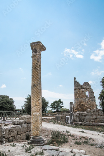 Perge. Antic marble column. Greco-Roman ancient city Perga. Greek colony from 7th century BC, conquered by Persians and Alexander the Great in 334 BC.