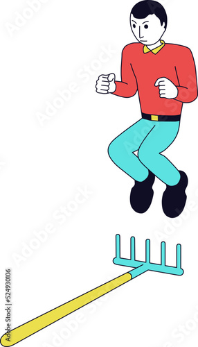 Angry man is jumping on a rake. Cartoon person with emotional problems is hurting himself.