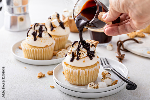 Smores cupcakes with graham crackers, toasted marshmallows and chocolate photo