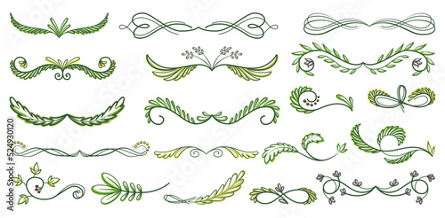 Green text dividers, page separators design set. Line borders, laurels, organic frame with plant. Floral decorative elements. Natural flourishes, curve lines vector collection isolated on white