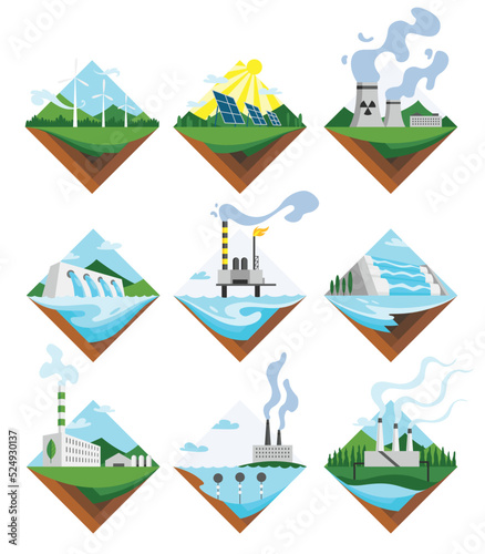 Generation energy types icon set. Power stations sign collection. Modern technology, ecological no emissions industry, sustainability concept