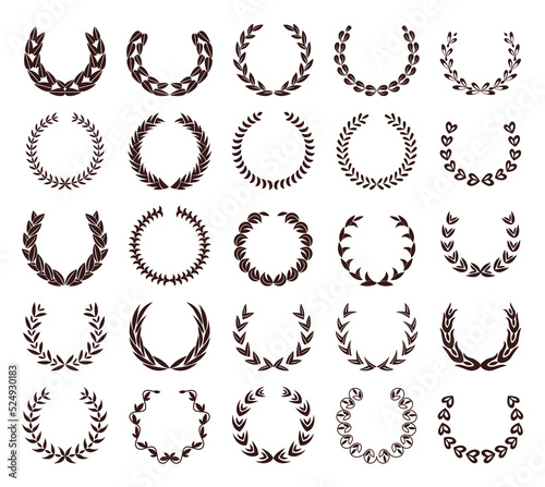 Vintage laurel wreaths set. Collection of different black silhouette circular signs depicting an award achievement heraldry, nobility, emblem. Laurel wreath award, prize or victory set