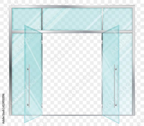 Double panoramic glass doors. Office or supermarket entrance. Mockup entrance double door for store, shop or fashion boutique. Vector transparent glass