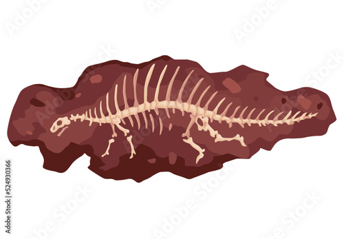 Dinosaur skeleton bone, fossil excavation of archeology isolated. Prehistoric reptile skeleton lying underground. Paleontological artifacts. Archaeological find