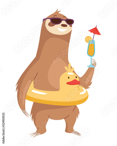 Sloth character with inflatable circle and cocktail. Cute cartoon sloth-bear character. Funny lazy animal, hand drawn clip art illustration. Jungle rainforest sloth. Tropical mammal or adorable sloth