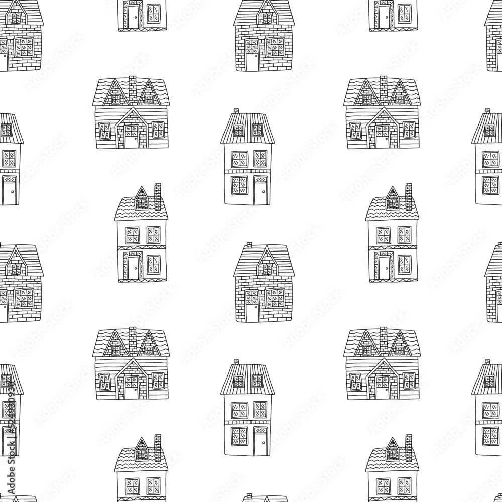 Hand drawn country house seamless pattern. Scandinavian house with roof vector doodle pattern isolated on white background.