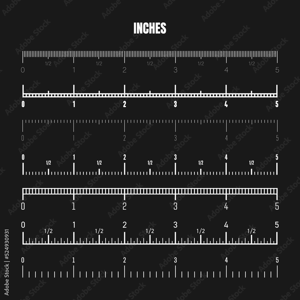 Realistic white inch scale for measuring length or height. Various