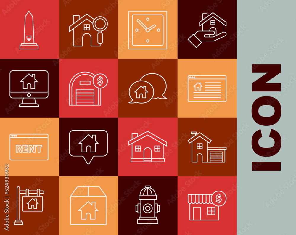 Set line House with dollar symbol, Hanging sign text Online Sale, Clock, Warehouse, Computer monitor smart home, Washington monument and building speech bubble icon. Vector Set line House with dollar symbol, Hanging sign text Online Sale, Clock, Warehouse, Computer monitor smart home, Washington monument and building speech bubble icon. Vector