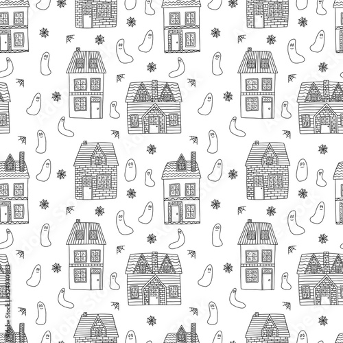 Hand drawn country house with ghost and web seamless pattern. Scandinavian house with roof vector doodle pattern isolated on white background. Halloween background. © Александра Кириченко
