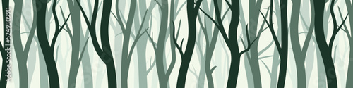 Fototapeta Naklejka Na Ścianę i Meble -  Wild forest with various coniferous or deciduous trees. Wide horizontal banner with various tree trunks silhouettes. Dark misty pine forest landscape, panorama. Vector illustration