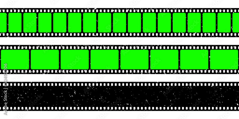 Realistic grunge film strip, camera roll. Old retro cinema movie strip with blank green chroma key background. Analog video recording and photography. Visual effects compositing. Vector illustration