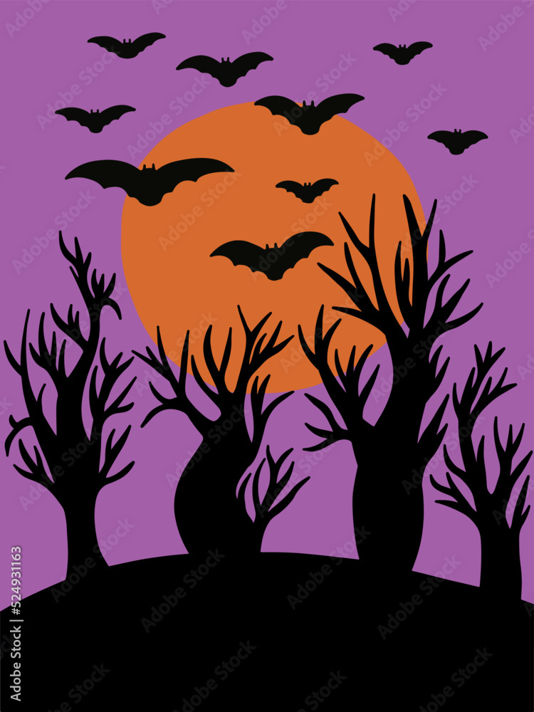 Halloween moon vector flat illustration. Scary Halloween landscape with trees silhouette and black bats.