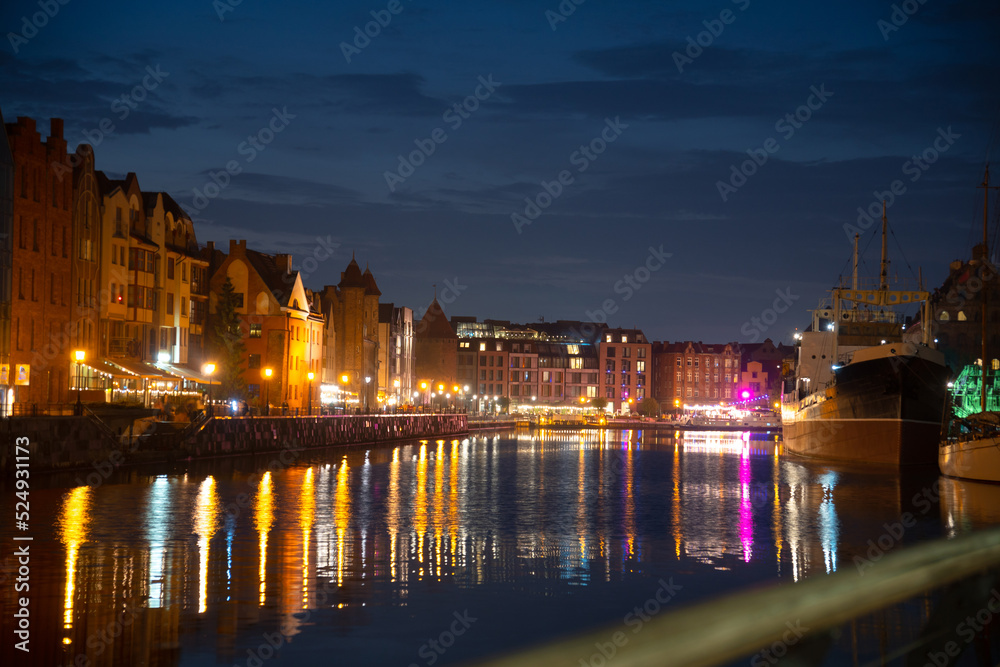 Picturesque summer evening panorama of the architectural pier of the Old Town GDANSK, POLAND