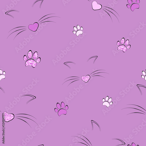 Cat seamless pattern. Foot print, snout and ears. Girly pink glitter pattern. Prints, packaging design, textiles, bedding and wallpaper.