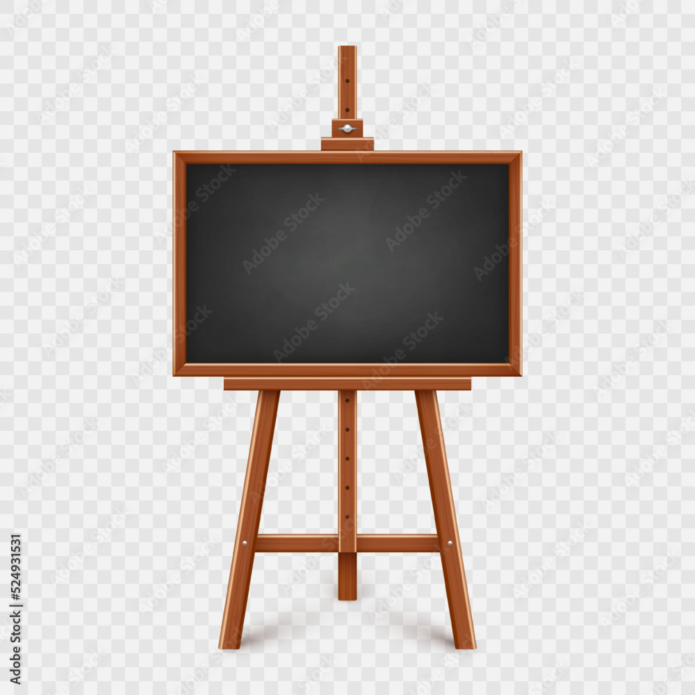 Realistic black chalkboard on wooden easel. Blank blackboard in wooden frame on a tripod. Presentation board, writing surface for text, drawing. Online studying, learning mockup. Vector illustration